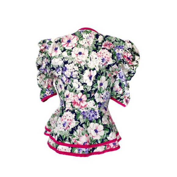 1980's Cotton Floral Puff Sleeve Peplum Blouse - Picture 3 of 4